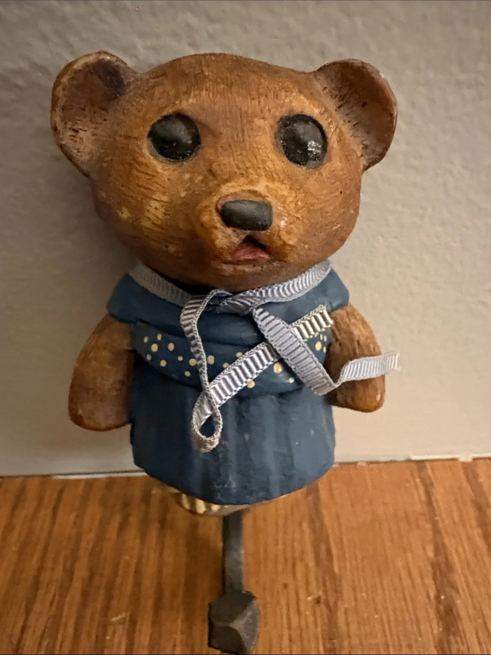 Vintage wooden Handcrafted Bear Figurine in Brown and Navy Dress Wall Hook
